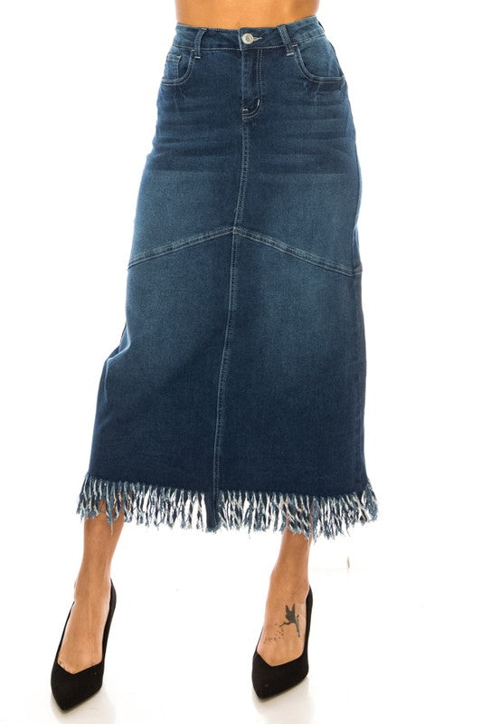 Indigo Wash Denim Skirt W/Fringe