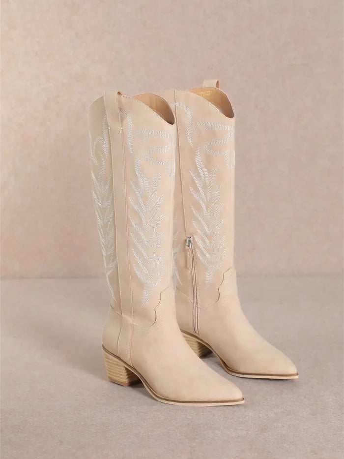 Inlay Embroidery Tall Western Boots - Greige Goods