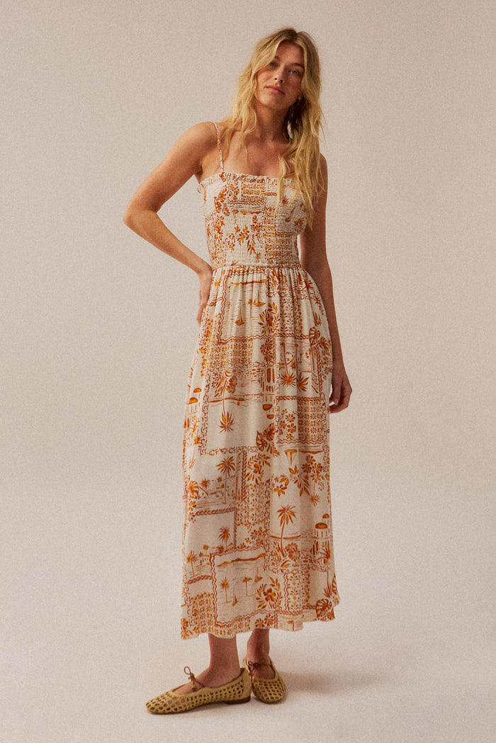 Island Song Tropical-Print Smocked Midi Dress - ShopPromesa