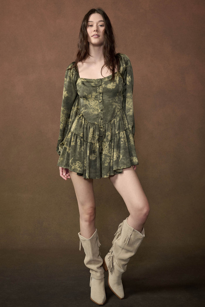 Jade Blossoms Floral Satin Long-Sleeve Tiered Romper - ShopPromesa
