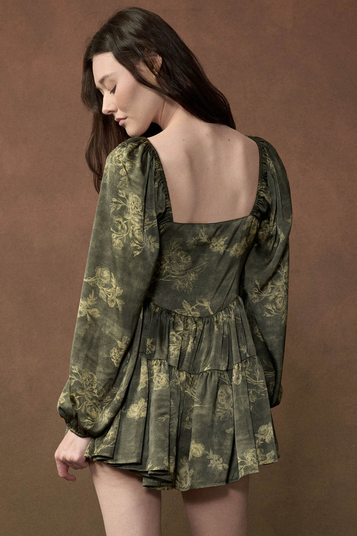 Jade Blossoms Floral Satin Long-Sleeve Tiered Romper - ShopPromesa