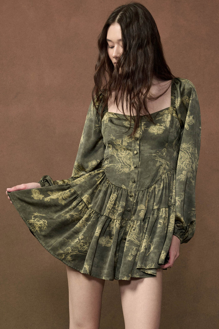 Jade Blossoms Floral Satin Long-Sleeve Tiered Romper - ShopPromesa