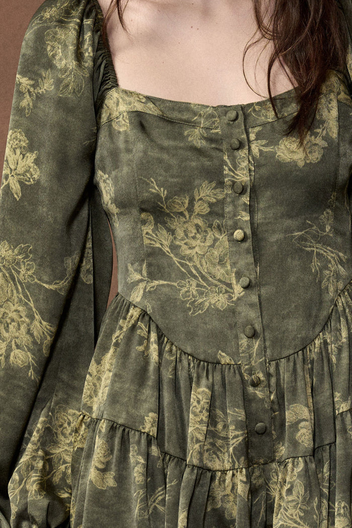 Jade Blossoms Floral Satin Long-Sleeve Tiered Romper - ShopPromesa