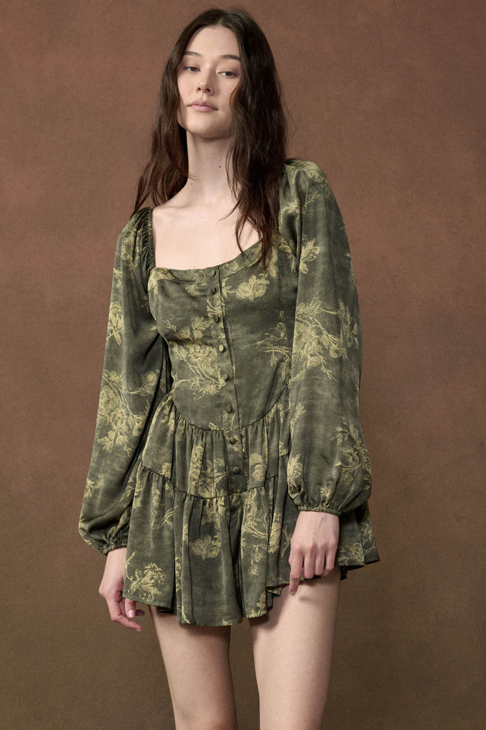 Jade Blossoms Floral Satin Long-Sleeve Tiered Romper - ShopPromesa