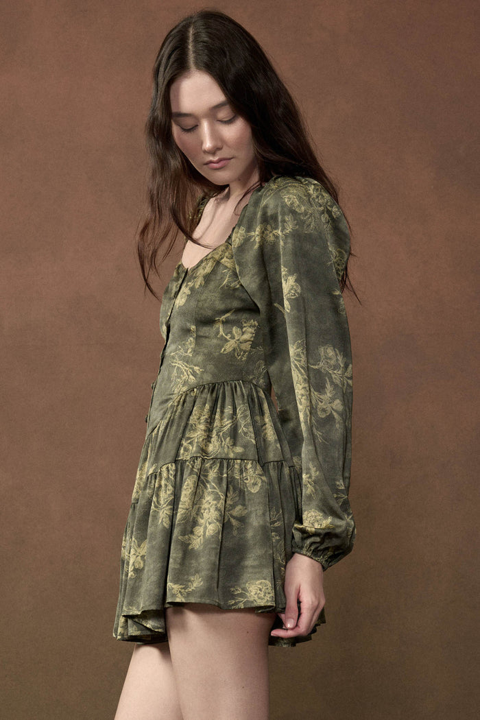 Jade Blossoms Floral Satin Long-Sleeve Tiered Romper - ShopPromesa
