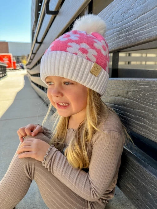 Kids Daisy Pom Beanie - Greige Goods