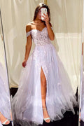 Light Lilac Floral Lace Off-the-Shoulder A-Line Prom Dress with Slit