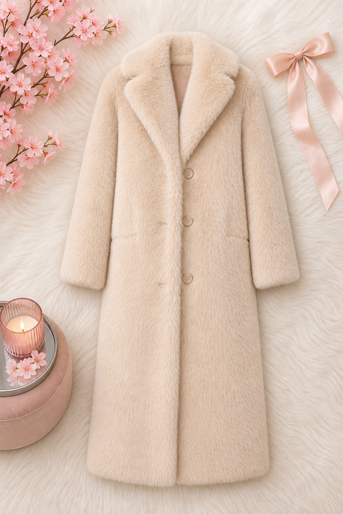 Long Cream Luxe Faux Fur Coat