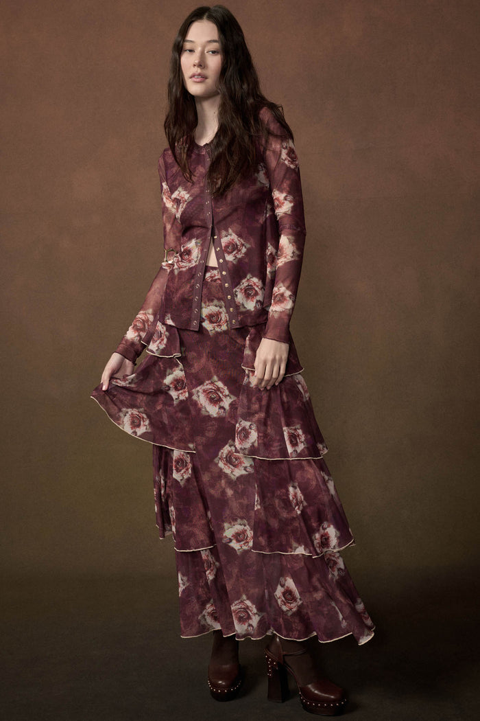 Merlot Bouquet Floral Mesh Long-Sleeve Snap-Front Top - ShopPromesa