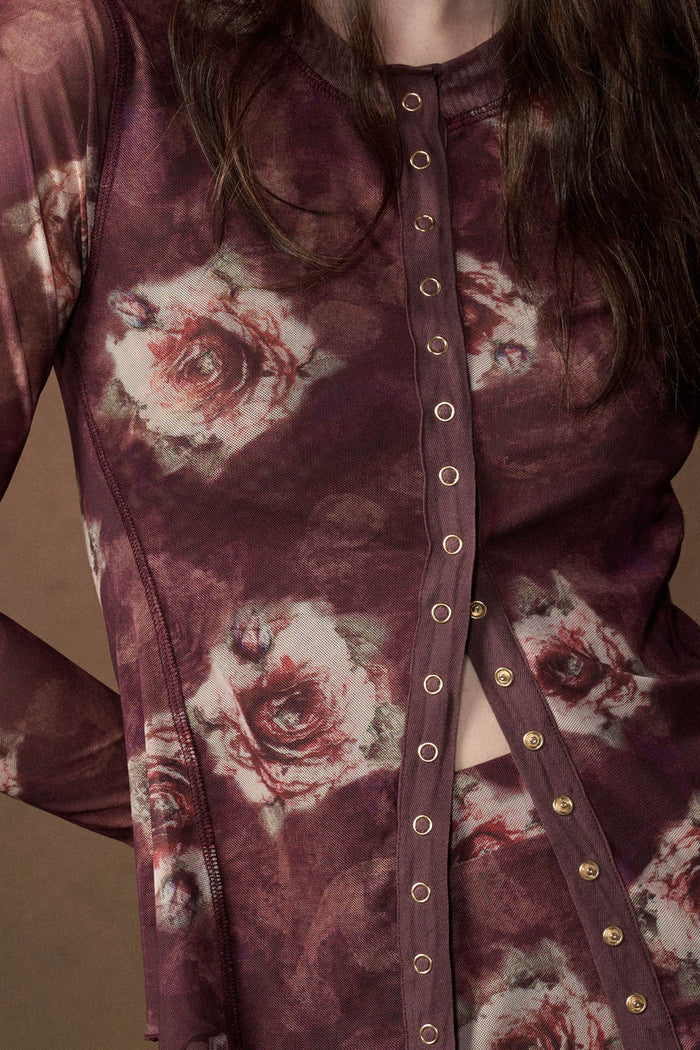 Merlot Bouquet Floral Mesh Long-Sleeve Snap-Front Top - ShopPromesa