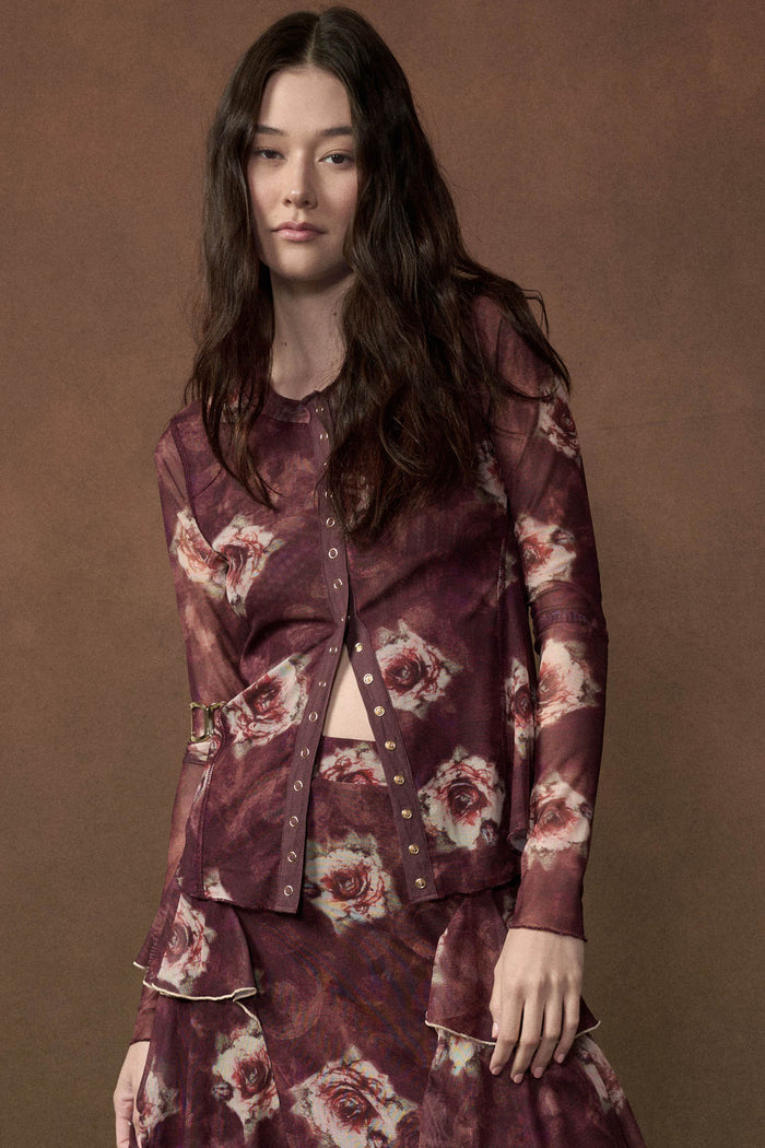Merlot Bouquet Floral Mesh Long-Sleeve Snap-Front Top - ShopPromesa