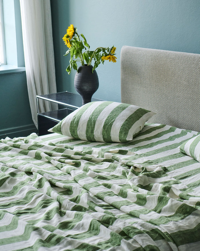 Moss Stripe Linen Fitted Sheet (US)