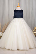 Navy and White Jewel Beaded Sleeveless Long Flower Girl Dress with Bow