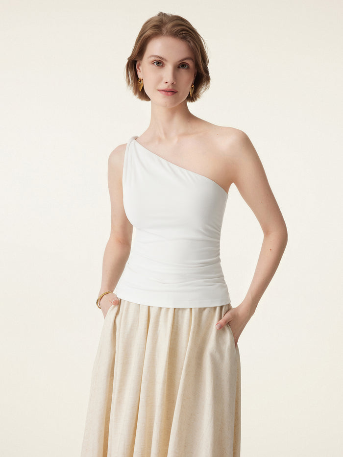 OGLmove 2Pcs Set One Shoulder Twisted Bra Tank & Mid Rise A-line Maxi Skirt