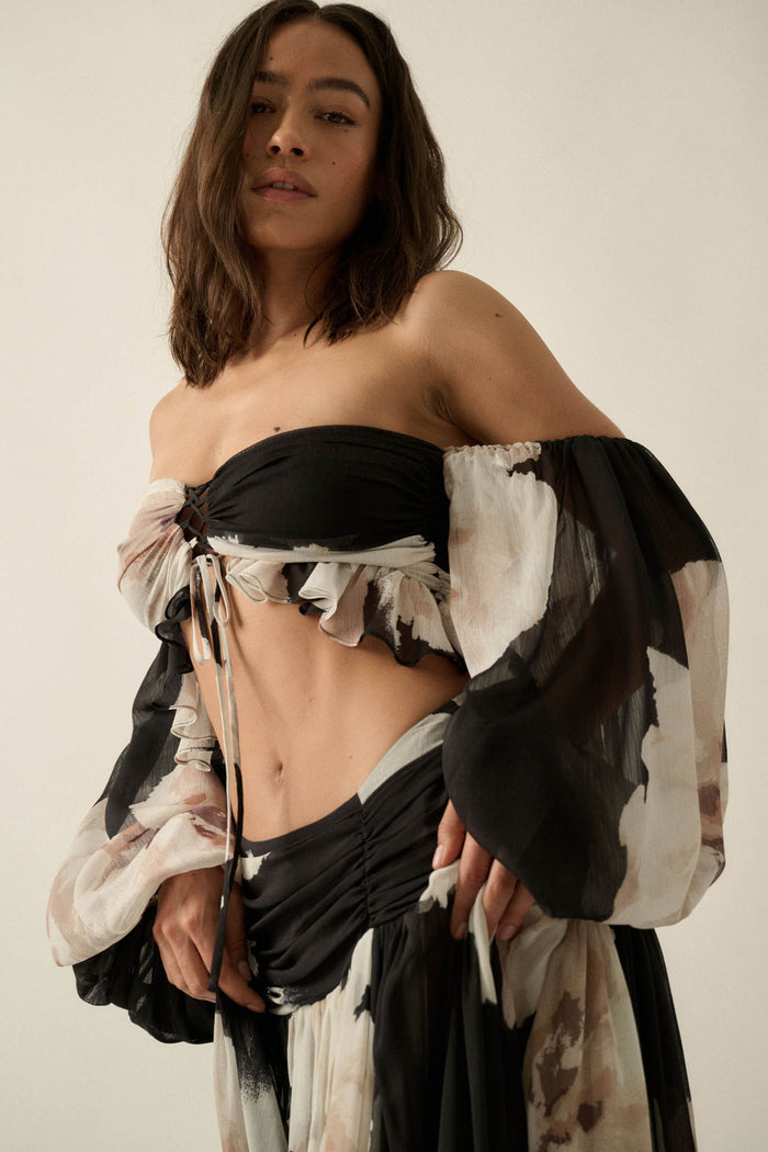 Peony Dream Floral Chiffon Long-Sleeve Bandeau Top - ShopPromesa