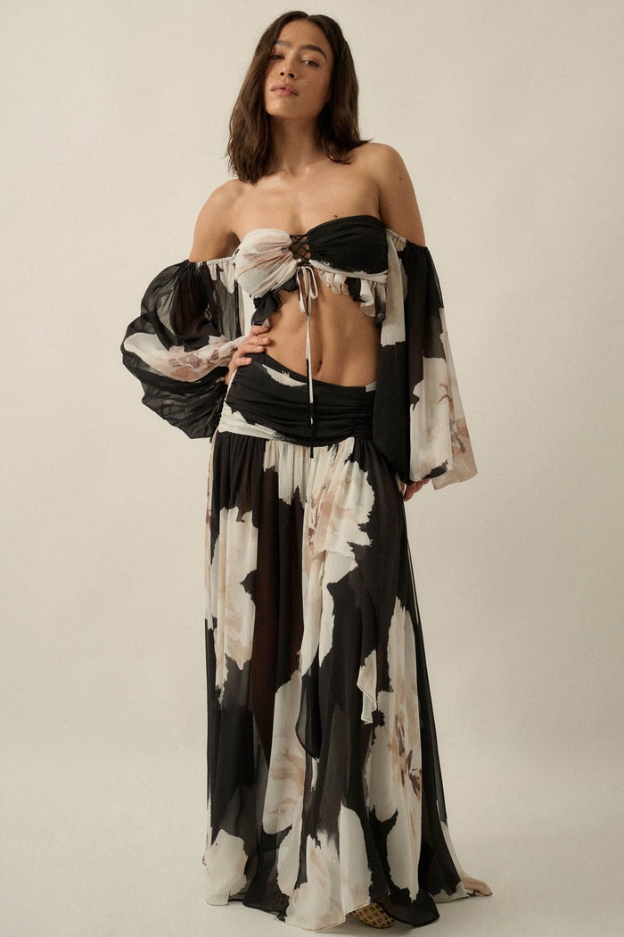 Peony Dream Floral Chiffon Long-Sleeve Bandeau Top - ShopPromesa