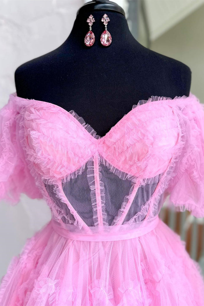Pink Off-the-Shoulder Ruffles Puff Sleeves Homecoming Dress