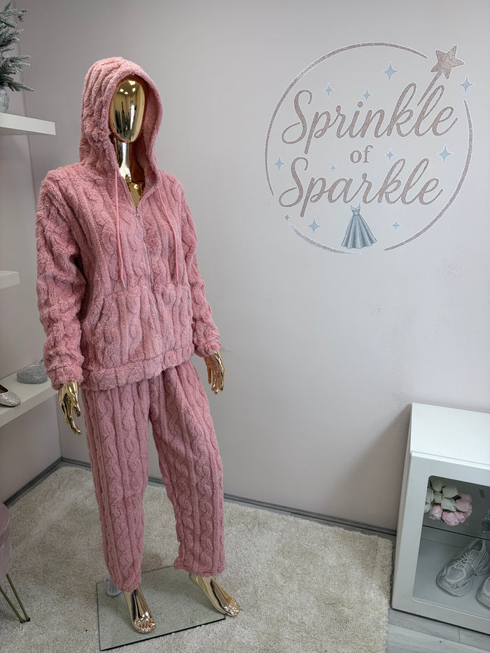 Pink Textured Teddy Zip Hoodie and Trouser Lounge Set/ Pyjamas