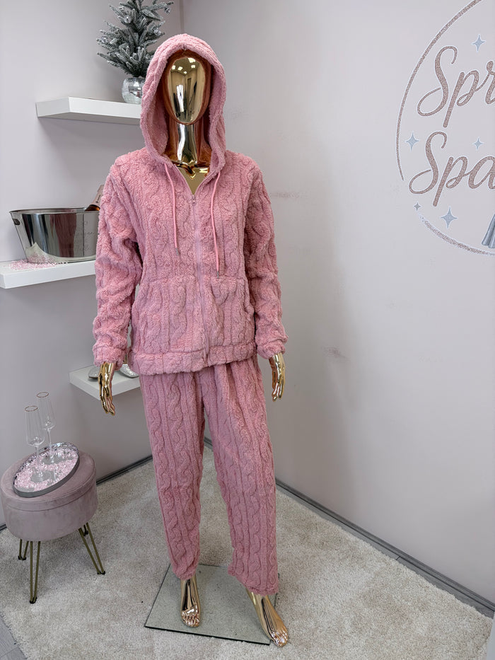 Pink Textured Teddy Zip Hoodie and Trouser Lounge Set/ Pyjamas