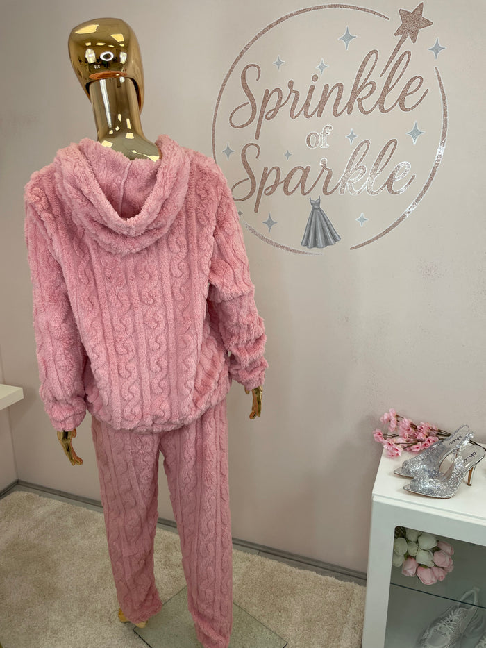 Pink Textured Teddy Zip Hoodie and Trouser Lounge Set/ Pyjamas