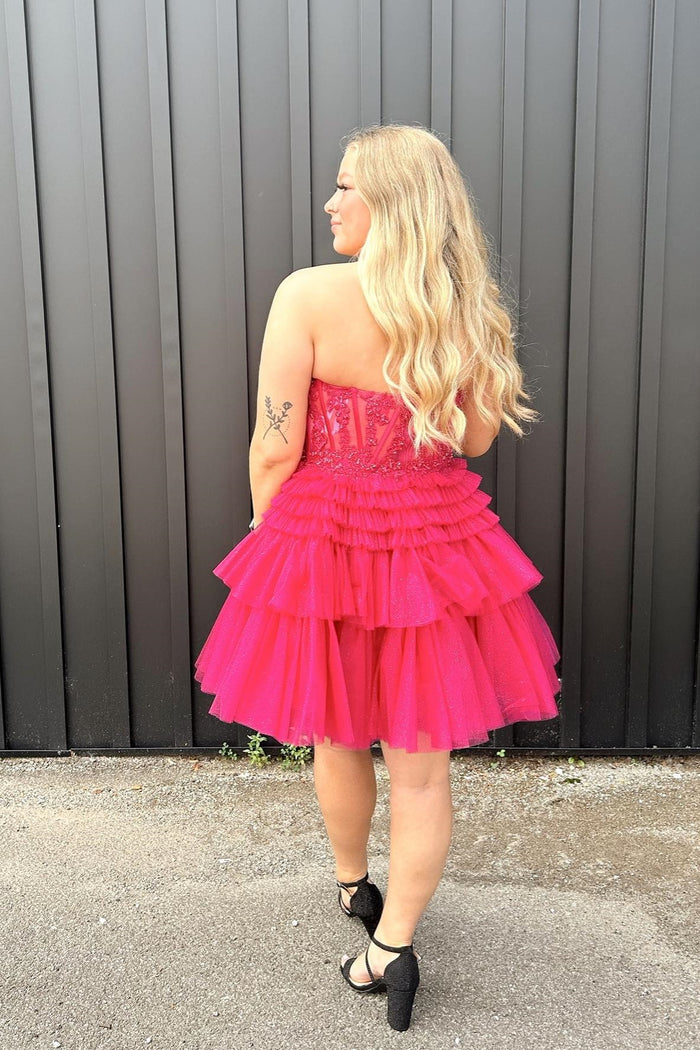 Pink Tulle Strapless A-line Multi-Layers Appliques Homecoming Dress