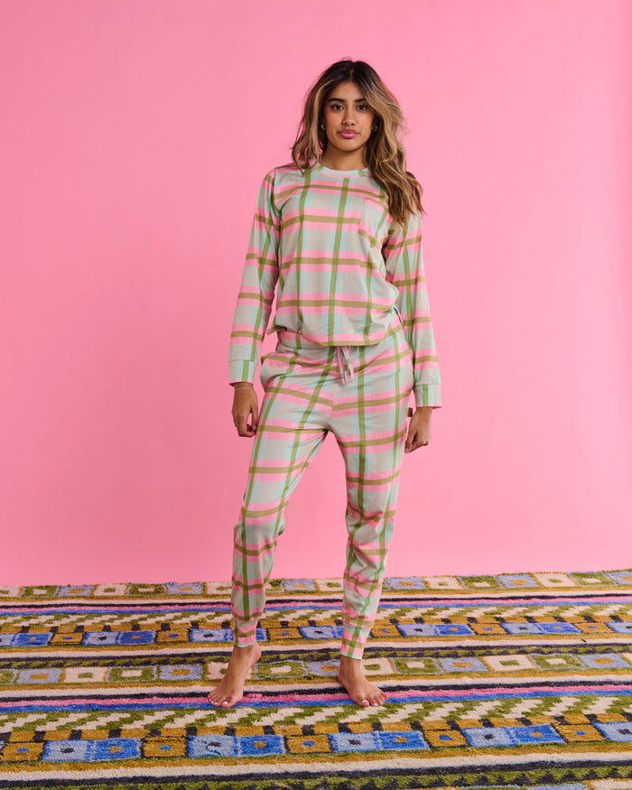 Pistachio Tartan Organic Cotton Long Sleeve Pyjama Top & Slouch Pant Set