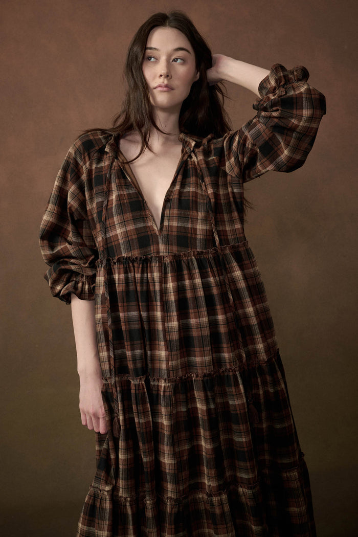 Plaid Dreams Tiered Long-Sleeve Midi Prairie Dress - ShopPromesa