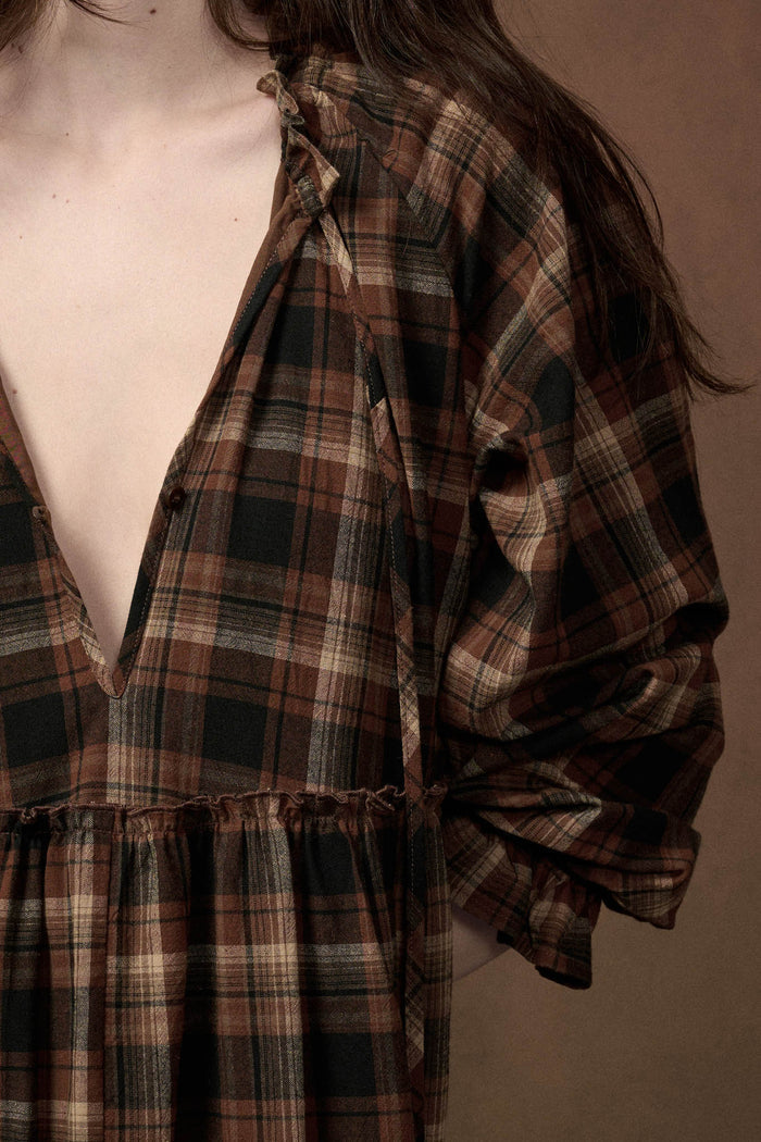Plaid Dreams Tiered Long-Sleeve Midi Prairie Dress - ShopPromesa