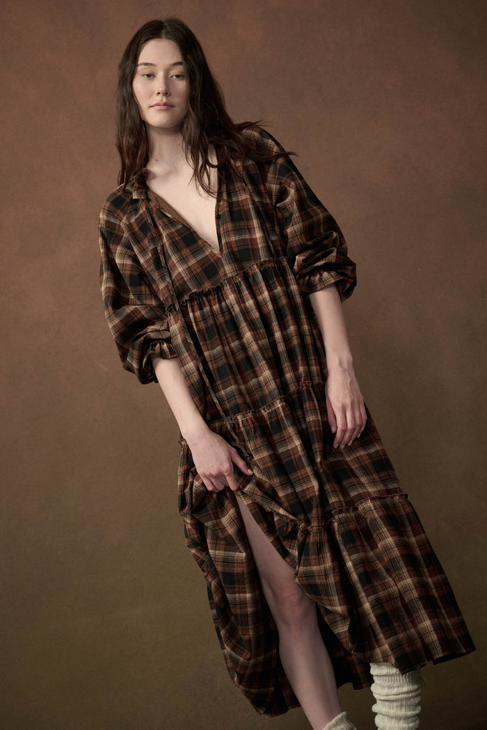 Plaid Dreams Tiered Long-Sleeve Midi Prairie Dress - ShopPromesa