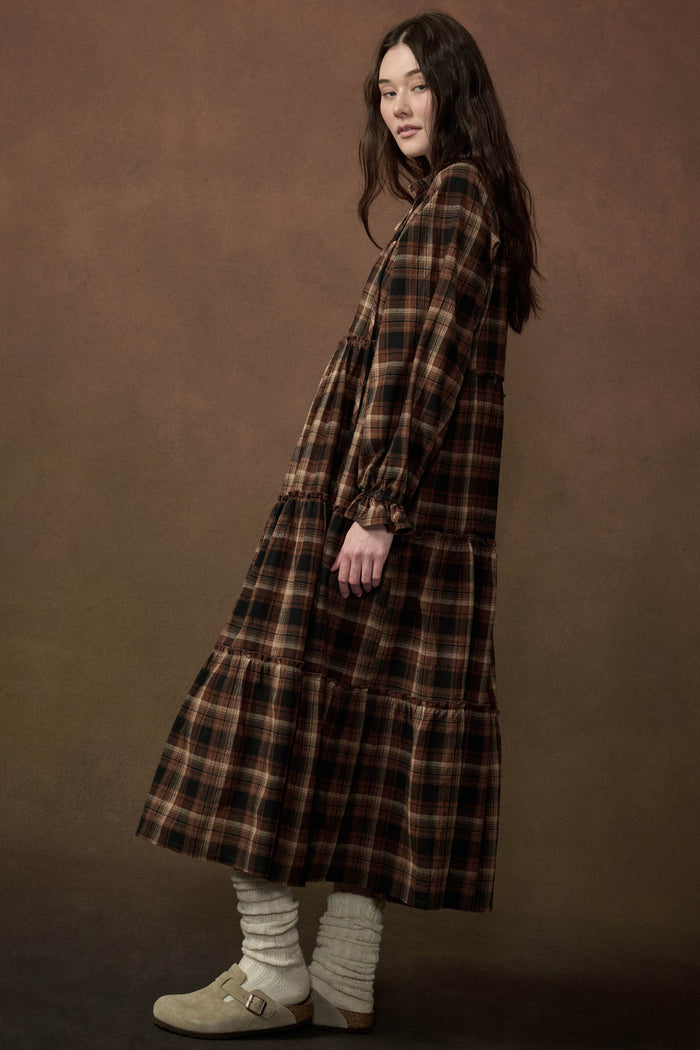 Plaid Dreams Tiered Long-Sleeve Midi Prairie Dress - ShopPromesa