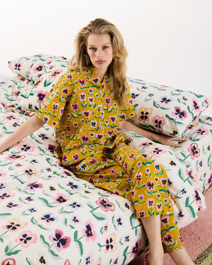 Pretty Pansy Gold Adult Organic Cotton Short Sleeve Shirt & Pant Pyjama Set