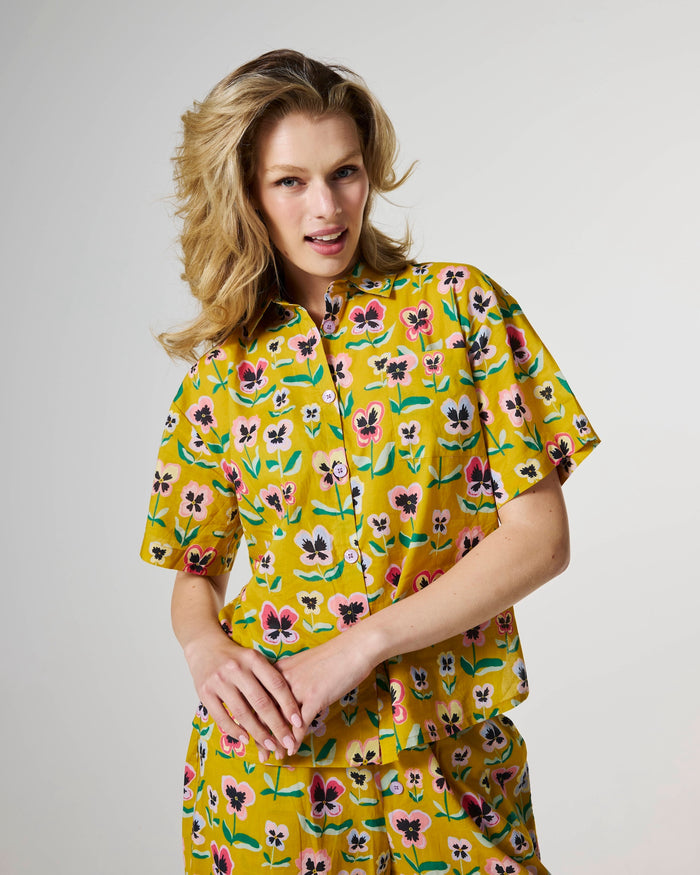 Pretty Pansy Gold Adult Organic Cotton Short Sleeve Shirt & Pant Pyjama Set
