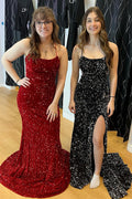 Red Mermaid Lace-Up Sequins Long Prom Dress