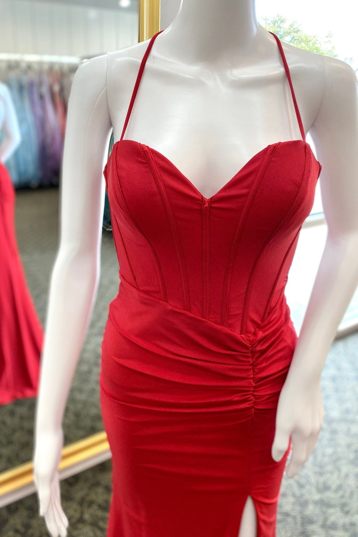 Red Mermaid Boning Satin Pleated Lace-Up Long Prom Dress with Slit