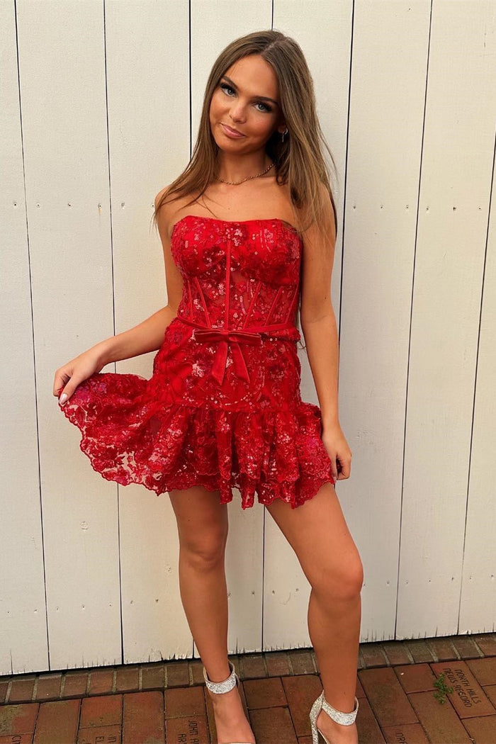 Red Strapless Tulle Sequin-Embroidery Multi-Layers Homecoming Dress