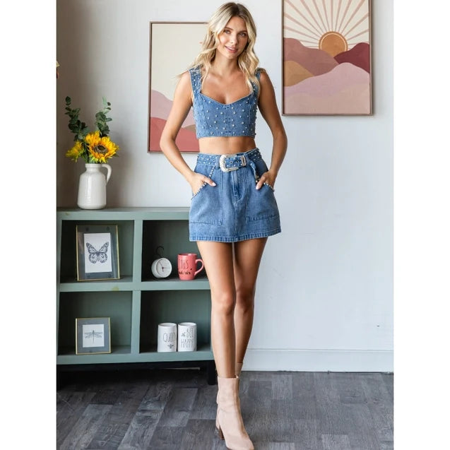 Rhinestone Denim Tank - Greige Goods