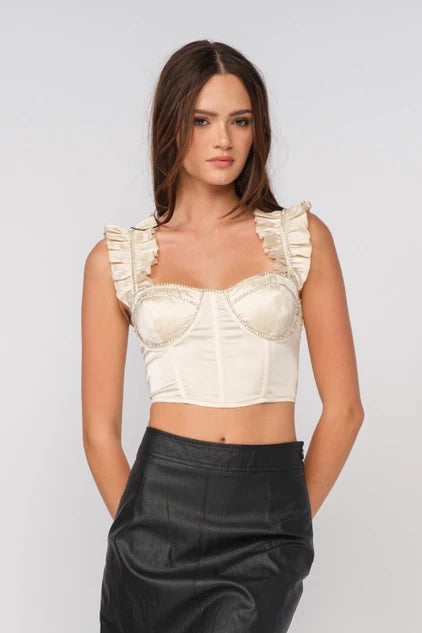 Rhinestone Trim Wing Strap Top - Greige Goods