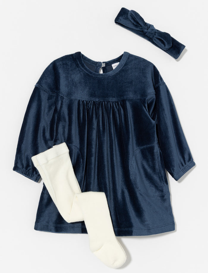 Robe en velours avec collant et bandeau - petite fille