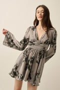 Rose Shadow Floral Satin Bell-Sleeve Mini Dress - ShopPromesa