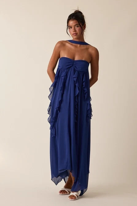 Ruffle Neckline Point Maxi - Greige Goods