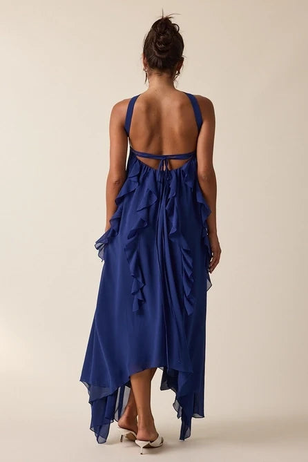 Ruffle Neckline Point Maxi - Greige Goods
