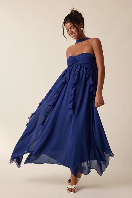 Ruffle Neckline Point Maxi - Greige Goods