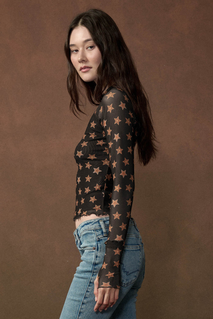 Seeing Stars Printed Mesh Mock-Neck Thumbhole Top - ShopPromesa