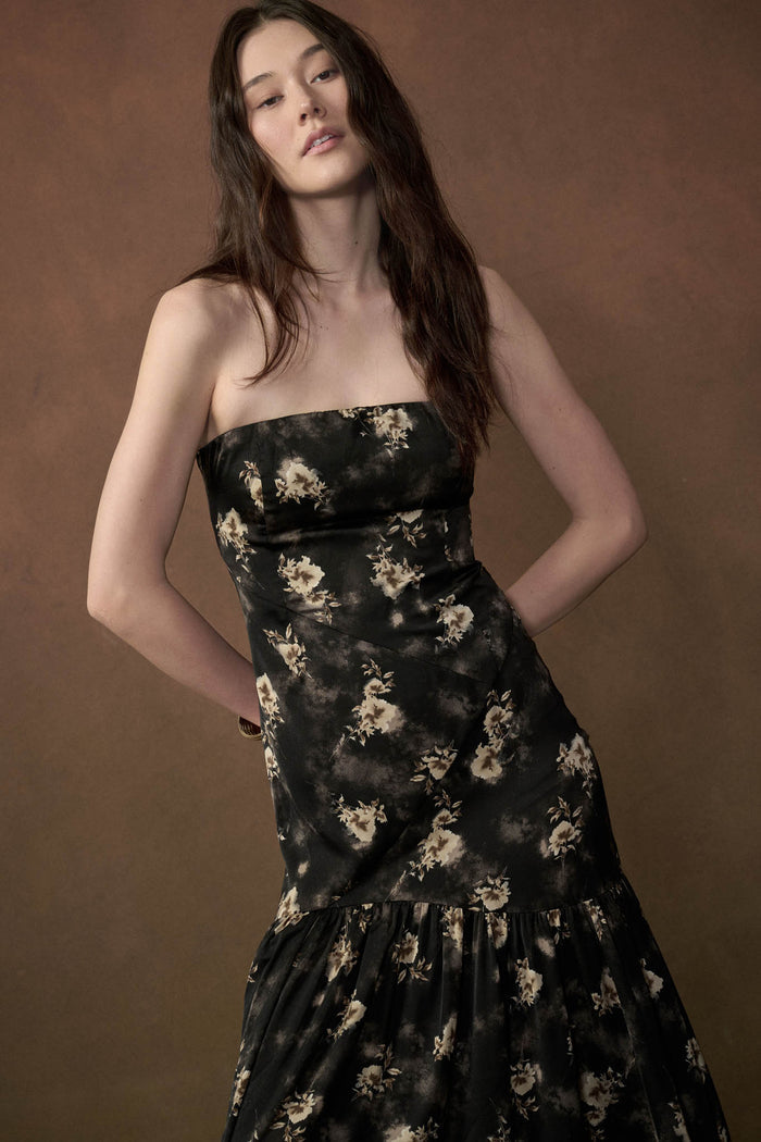 Slow Dance Floral Satin Strapless Maxi Dress - ShopPromesa