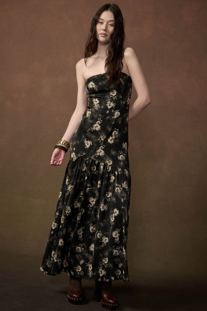 Slow Dance Floral Satin Strapless Maxi Dress - ShopPromesa