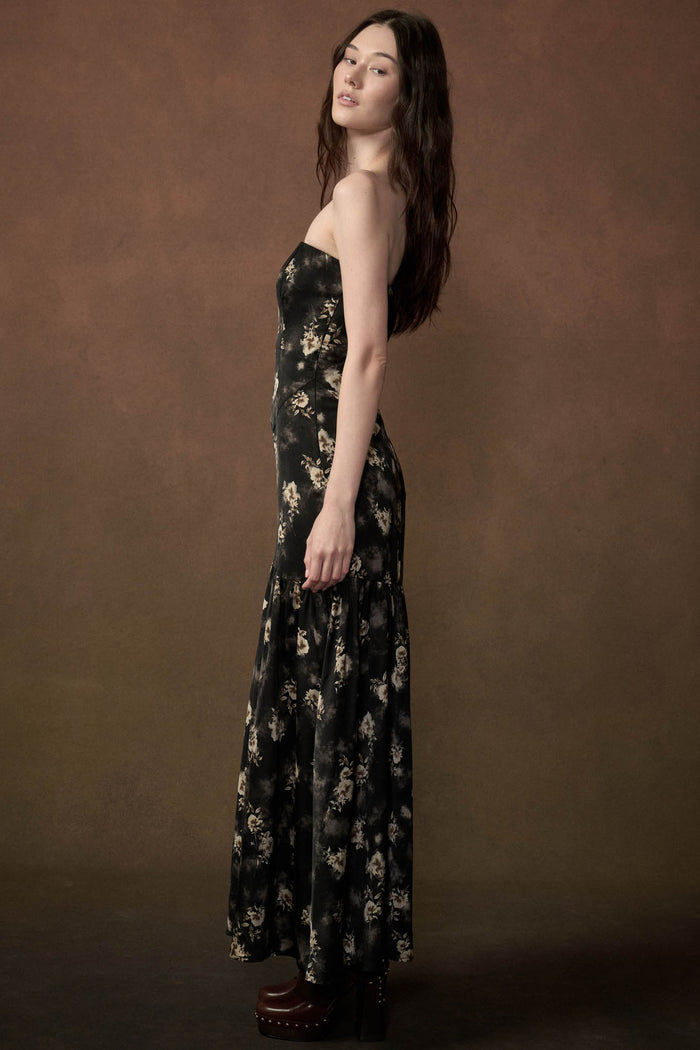Slow Dance Floral Satin Strapless Maxi Dress - ShopPromesa