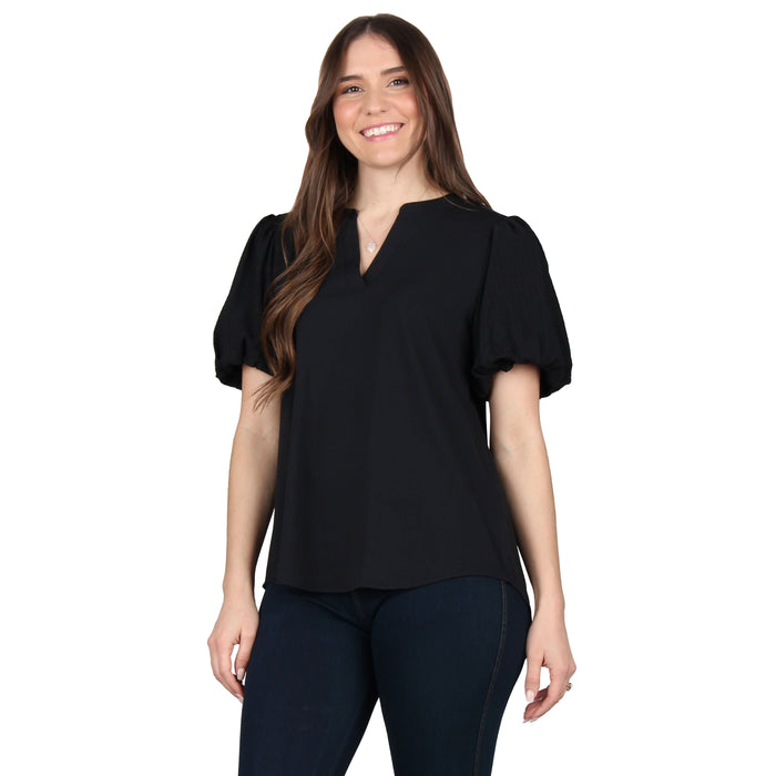Split V-Neck Puff Sleeve Tunic