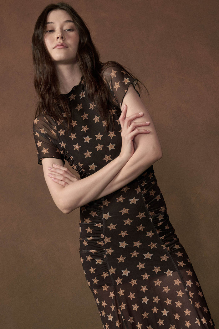 Star Gazer Printed Mesh Short-Sleeve Ruched Maxi Dress - ShopPromesa