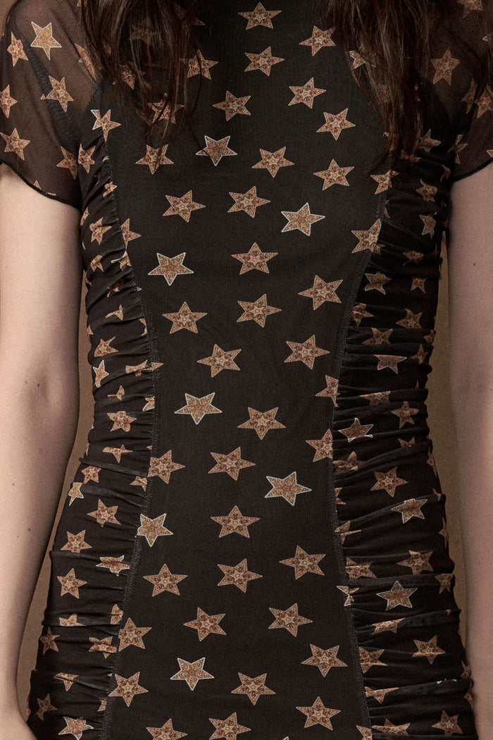 Star Gazer Printed Mesh Short-Sleeve Ruched Maxi Dress - ShopPromesa