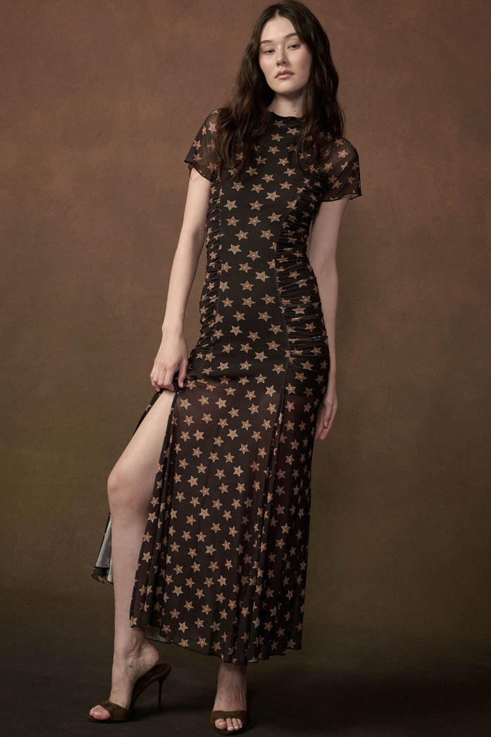 Star Gazer Printed Mesh Short-Sleeve Ruched Maxi Dress - ShopPromesa